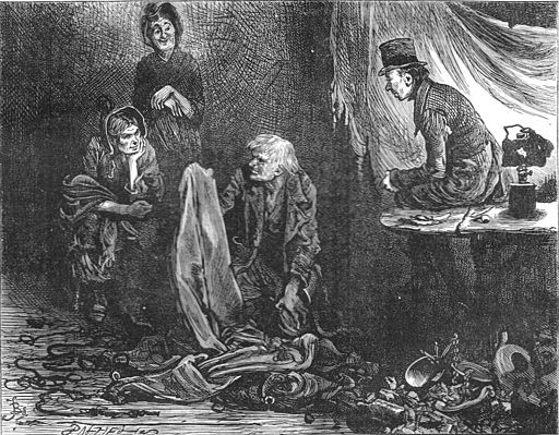 Scrooge's_charlady_and_laundrywoman_joining_the_undertaker's_man_to_pawn_his_belongings,_by_Fred_Barnard
