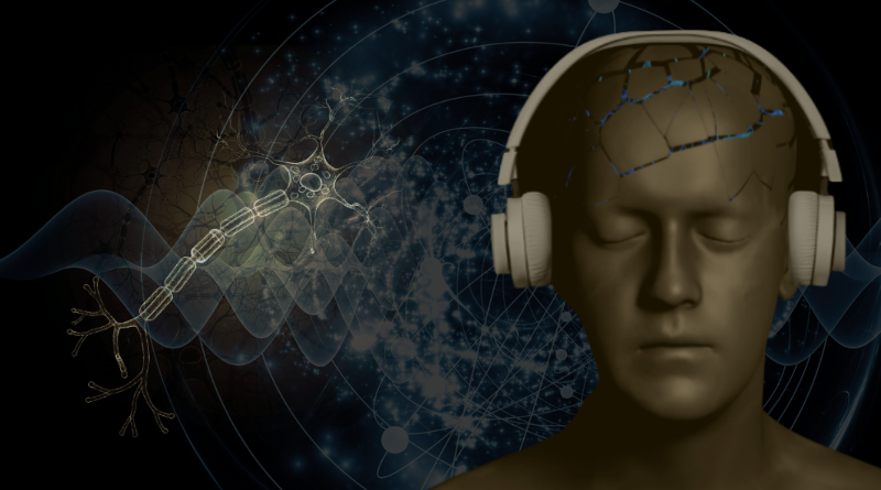 Artistic conceptual illustration of the vagus nerve, a human head with headphones, and neural pathways representing sound therapy and brain relaxation.