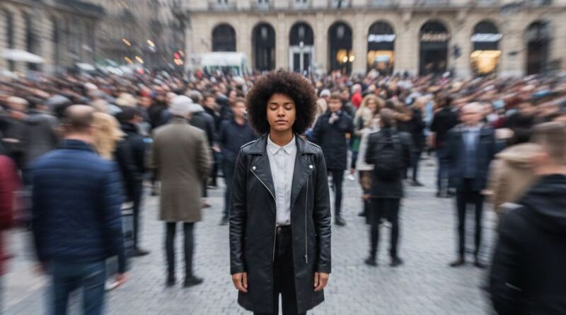 Een jonge vrouw met een afro staat met gesloten ogen in alle rust midden op een druk, wazig stadsplein; een visuele weergave van HSP en prikkelgevoeligheid.