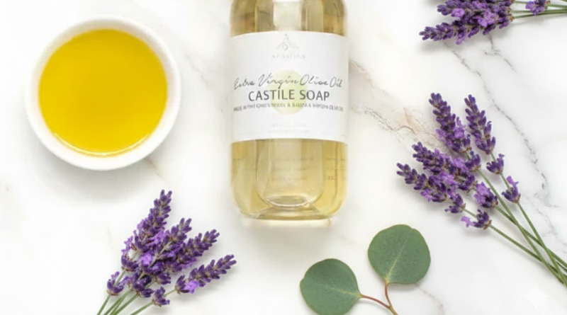 “Bottle of liquid Castile soap made from extra virgin olive oil, surrounded by fresh lavender, eucalyptus leaves, and a bowl of olive oil on a marble background.”