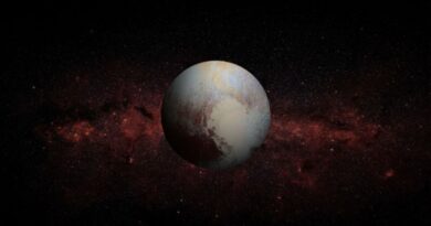 De dwergplaneet Pluto met zijn kenmerkende ijshart-oppervlak tegen een donkere achtergrond met nevels, symbool voor diepe transformatie.