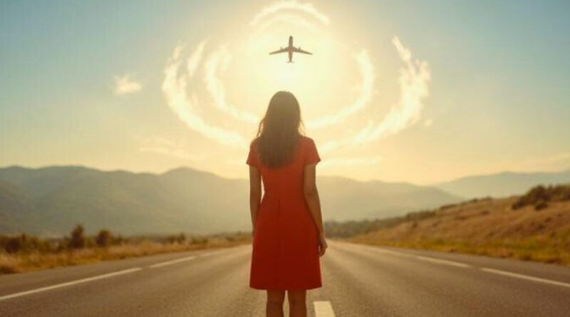 Een surrealistische afbeelding van een vrouw in een rode jurk die uitkijkt over een mistig landschap met een cirkelend vliegtuig, lichtgevende cirkels en een landingsbaan, symbool staand voor de liminale fase en persoonlijke groei.