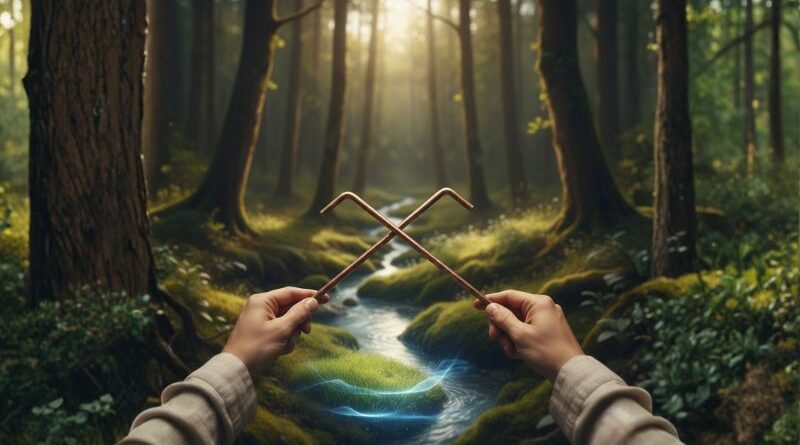 A first-person view of a person holding two L-shaped copper dowsing rods crossing over a flowing stream in a sunlit forest, representing energy sensing and intuition.