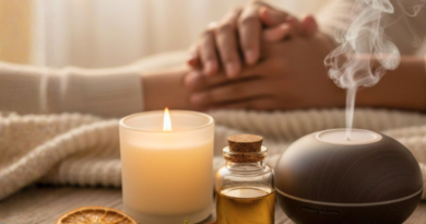 Sfeervolle setting voor intimiteit met een houten aroma diffuser, een brandende kaars, flesje essentiële olie en gedroogde bloemen, met een koppel dat elkaars hand vasthoudt op de achtergrond.