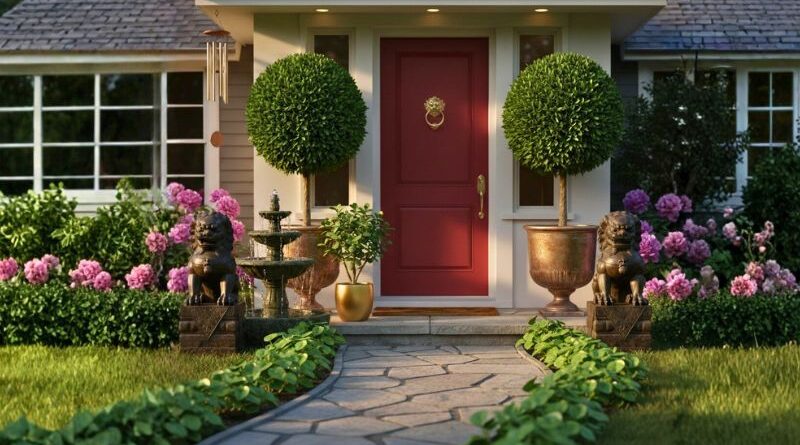 A beautiful home entrance featuring a red front door, Fu Dog statues, a tiered water fountain, and round topiaries in copper pots, following Feng Shui principles for wealth and abundance.