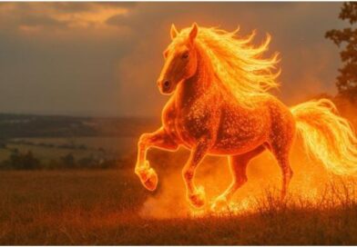 An artistic and dynamic illustration of a majestic horse composed entirely of flames and glowing embers, galloping through a beautiful landscape as a symbol of the 2026 Chinese Year of the Fire Horse.