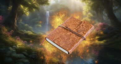 Een magisch, bruin lederen dagboek dat zweeft in een sprookjesachtig bos met een waterval, omringd door gouden glitters en spirituele energie om te kunnen manifesteren