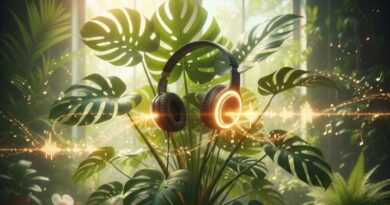 Een artistieke weergave van een grote monstera plant met een koptelefoon in een zonlichte kamer, omringd door magische gouden geluidsgolven, muzieknoten.