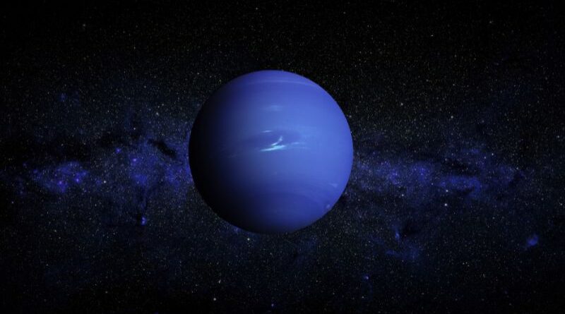 Een gedetailleerde weergave van de blauwe planeet Neptunus met witte methaanwolken tegen een diepe, sterrenrijke achtergrond van de Melkweg. Neptunus in de astrologie