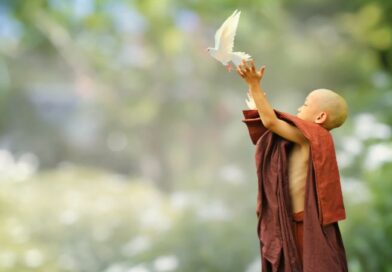 Een jonge boeddhistische monnik in een bruine pij laat een witte duif vrij tegen een zachte, groene achtergrond; symbool voor de boeddhistische leer van anatta (niet-zelf) en spirituele vrijheid.