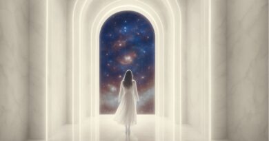 A woman in a white dress walking through a glowing arched portal toward a vibrant cosmic galaxy, symbolizing a timeline shift and spiritual awakening.