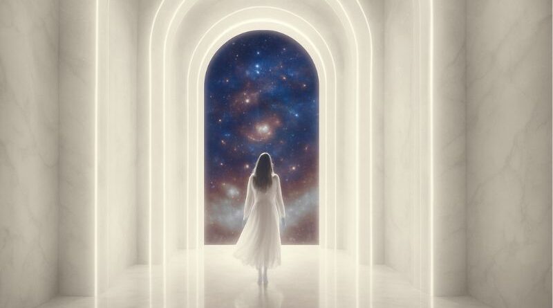 A woman in a white dress walking through a glowing arched portal toward a vibrant cosmic galaxy, symbolizing a timeline shift and spiritual awakening.