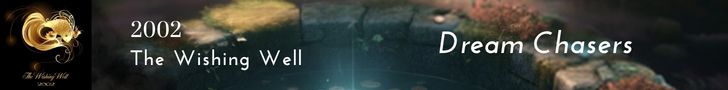 Banner for the track 'Dream Chasers' from the album 'The Wishing Well' by New Age band 2002, showing a mystical stone wishing well and a golden fish symbol.
