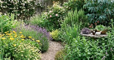 Een weelderige aromatherapietuin met bloeiende lavendel, goudsbloemen, pepermunt en eucalyptus rondom een grindpad, inclusief een stenen tafel met vers geplukte kruiden en olie-flesjes.