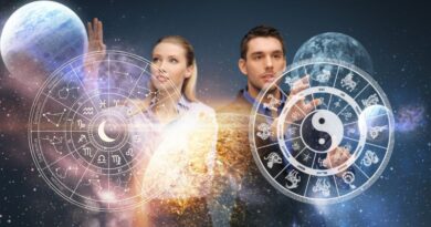 A man and woman interacting with glowing digital overlays of a Western astrological chart and a Chinese zodiac wheel against a cosmic background with planets.