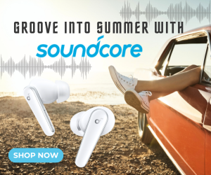 Soundcore advertisement with the text "GROOVE INTO SUMMER WITH soundcore." Two white wireless earbuds are featured in the foreground against a sunny beach background with a vintage red car.