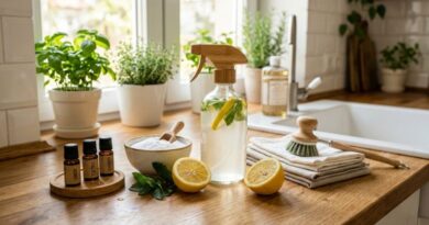 A bright and airy kitchen counter featuring eco-friendly cleaning supplies, including a glass spray bottle with lemon and mint, a bowl of baking soda, essential oil bottles, and fresh lemons, representing a healthy and non-toxic home.