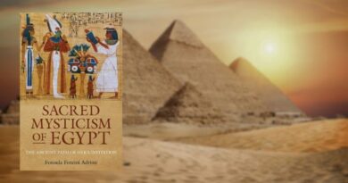Book cover of "Sacred Mysticism of Egypt" by Fotoula Foteini Adrimi placed over a golden sunset view of the Great Pyramids of Giza.