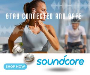 Soundcore advertisement with the text "STAY CONNECTED AND SAFE." A woman in athletic wear is running outdoors while wearing clip-on open-ear earbuds, with a cyclist blurred in the background on a bridge.
