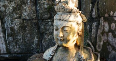 a weathered stone statue of a bodhisattva with a serene expression and closed eyes, set against a natural rock background, symbolizing heart-centered living and spiritual awakening.