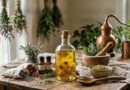 A rustic wooden table featuring glass jars of infused herbal oils, dried lavender, rosemary, and chamomile flowers in a natural apothecary setting.
