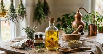 A rustic wooden table featuring glass jars of infused herbal oils, dried lavender, rosemary, and chamomile flowers in a natural apothecary setting.