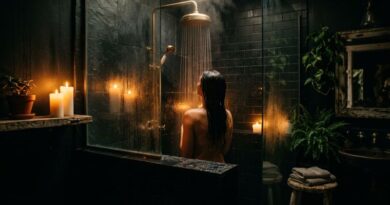 Vrouw doucht in een sfeervolle, donkere badkamer met warm kaarslicht als ontspannend slaapritueel voor een betere nachtrust.