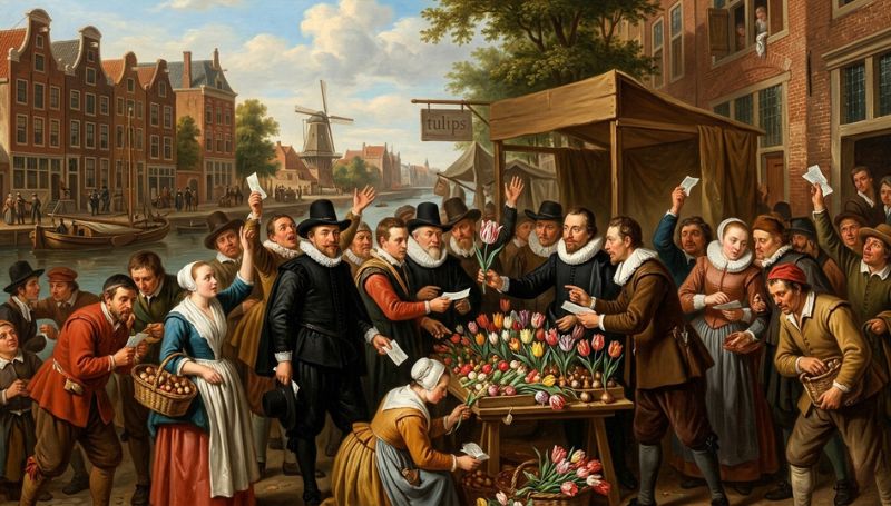 A 17th-century style oil painting depicting a crowded Dutch market scene where merchants and citizens frantically trade tulip bulbs during the historic Tulip Mania.