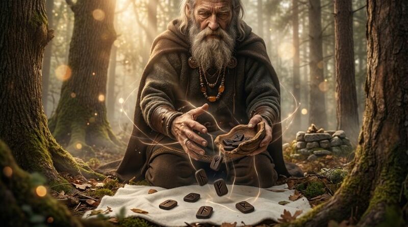 Een mystieke, rechthoekige coverafbeelding met een close-up van een oude Germaanse sjamaan met een grijze baard, die runenstenen uit zijn hand op een doek werpt, omgeven door mist en lichtflitsen in een oud bos.