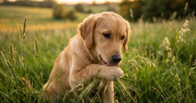 Een Golden Retriever hond die aan zijn pootje likt in een veld met hoog gras en grasaren, als teken van grasallergie of irritatie.