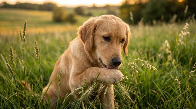 Een Golden Retriever hond die aan zijn pootje likt in een veld met hoog gras en grasaren, als teken van grasallergie of irritatie.