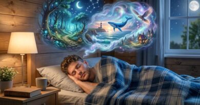 Een jonge man die vredig slaapt in een houten slaapkamer terwijl een magische droomwolk met een walvis, vuurtoren en mystiek bos boven hem verschijnt.