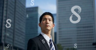 Een ambitieuze jonge man in een zakelijk pak voor moderne kantoorgebouwen, omringd door zwevende getallen 8, symbool voor levenspad nummer 8 in de numerologie.