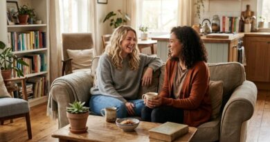 two women sitting on a couch in a sunlit living room, laughing and talking over coffee, illustrating authentic friendship and connection at home without spending money.