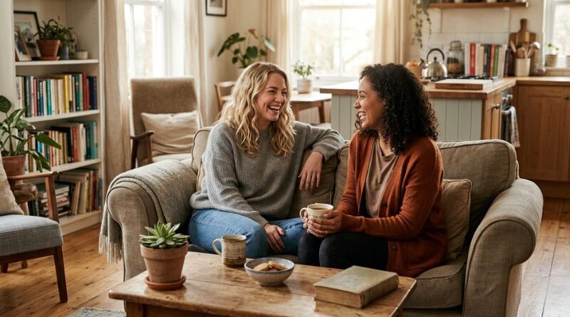 two women sitting on a couch in a sunlit living room, laughing and talking over coffee, illustrating authentic friendship and connection at home without spending money.