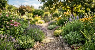 A diverse and flourishing garden with plants growing closely together, illustrating how physical contact and leaf-to-leaf touch boost plant resilience and communication.