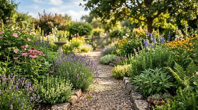 A diverse and flourishing garden with plants growing closely together, illustrating how physical contact and leaf-to-leaf touch boost plant resilience and communication.