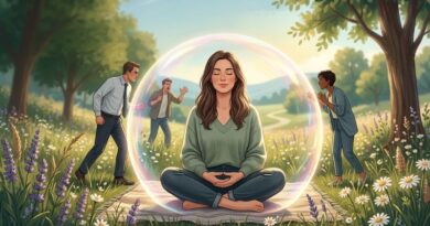 An illustration of a calm woman sitting in a meadow inside a glowing protective energy bubble, shielding her from intrusive people, symbolizing personal boundaries and mental peace.