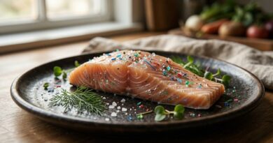 Close-up photograph of a raw salmon fillet on a ceramic plate, covered in tiny, colourful microplastics particles and fibers, symbolizing environmental pollution in ecosystems and the food chain.