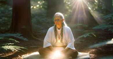 Een mediterende vrouw in sjamanistische kleding zittend in een bos met zonnestralen en spiritueel licht, symbool voor soul retrieval en innerlijke heling.