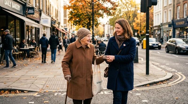 A smiling young woman kindly assisting an elderly lady while crossing a street in a warm, sunny neighborhood, illustrating a small act of kindness and the ripple effect of compassion.
