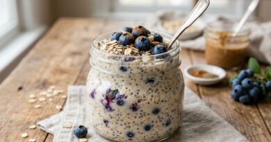 A glass jar filled with creamy blueberry chai overnight oats, topped with fresh blueberries, chia seeds, and a sprinkle of cinnamon, set on a rustic wooden table.