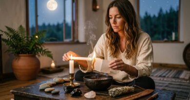 A woman performing a spiritual cord-cutting ritual by safely burning a piece of paper over a fireproof bowl with a white candle to release negative energy.