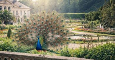A majestic peacock fanning its vibrant feathers on a stone balustrade in a stately garden, symbolizing spiritual awakening, confidence, and the beauty of the inner self.