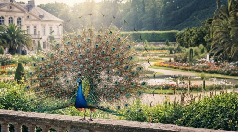 A majestic peacock fanning its vibrant feathers on a stone balustrade in a stately garden, symbolizing spiritual awakening, confidence, and the beauty of the inner self.