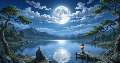 Spiritueel ontwaken. Een fotorealistisch nachtlandschap met een mediterende persoon bij een helder meer, een grote volle maan in de wolken, pijnbomen en een verlichte stenen lantaarn op een aanlegsteiger.