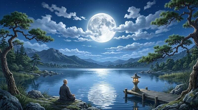 Spiritueel ontwaken. Een fotorealistisch nachtlandschap met een mediterende persoon bij een helder meer, een grote volle maan in de wolken, pijnbomen en een verlichte stenen lantaarn op een aanlegsteiger.