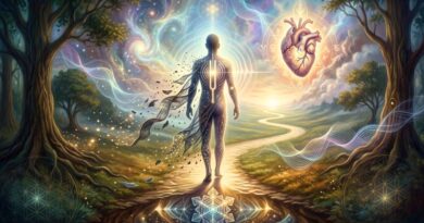 Een abstracte illustratie van een persoon op een verlicht pad in de natuur, die zware energie loslaat en transformeert in licht, met symbolen van een stralend hart en heilige geometrie.