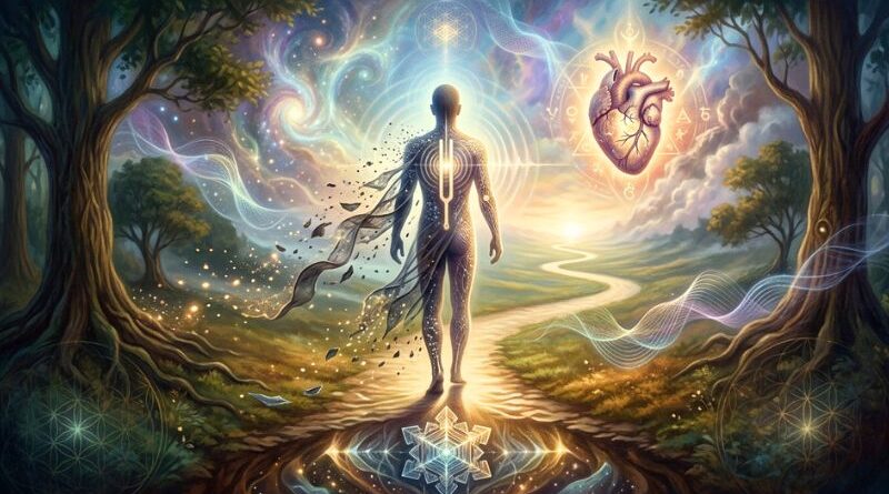 Een abstracte illustratie van een persoon op een verlicht pad in de natuur, die zware energie loslaat en transformeert in licht, met symbolen van een stralend hart en heilige geometrie.