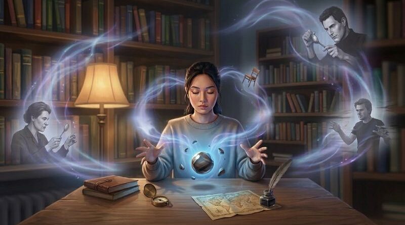 Een sfeervolle illustratie van een vrouw in diepe concentratie die een object laat zweven, met visuele verwijzingen naar telekinese in de geschiedenis en popcultuur.
